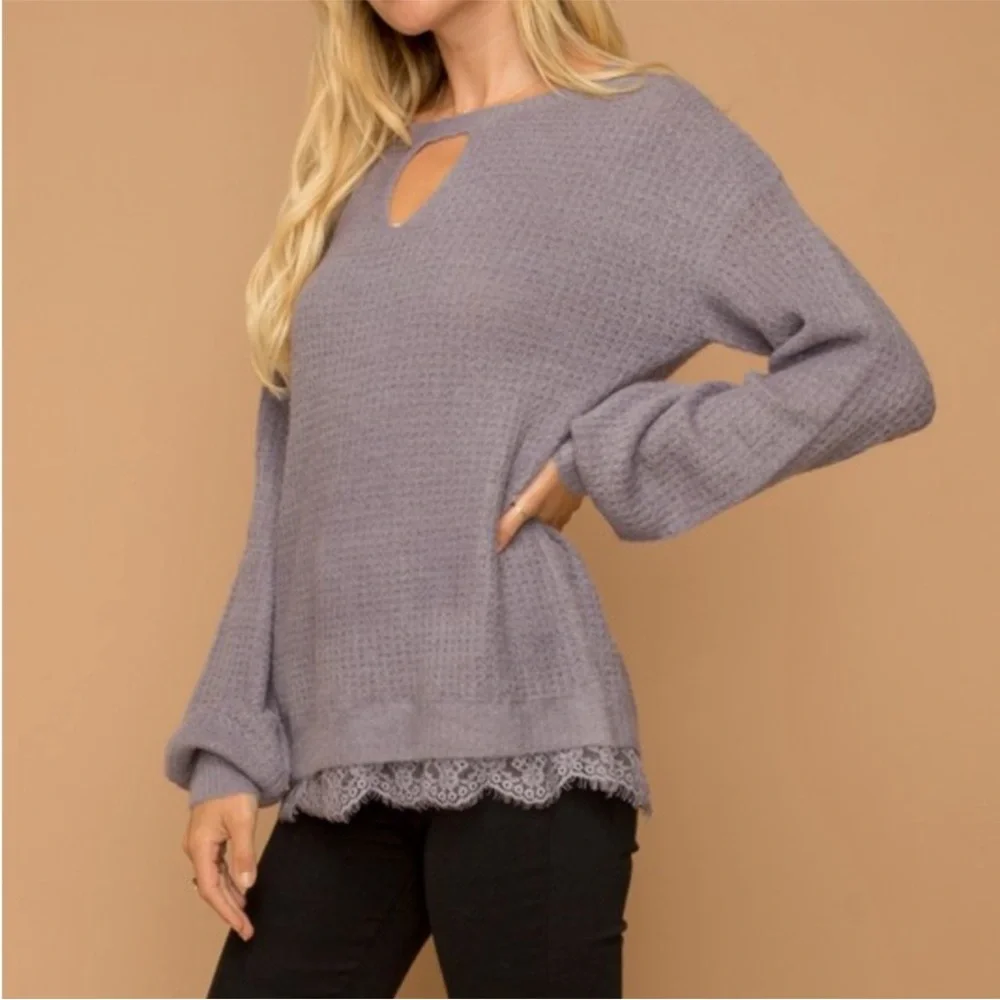 NWT Hem & Thread Waffle Knit Sweater Lace Trim Bottom Beautiful Lilac Color - Picture 1 of 16